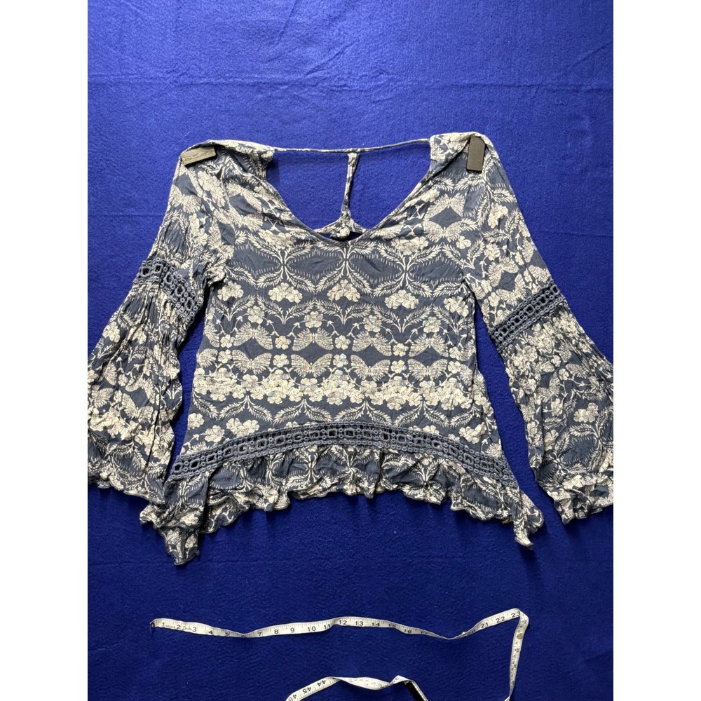 Cottagecore Womens Patrons of Peace Butterfly Crochet Bell Sleeve Top Small Blue